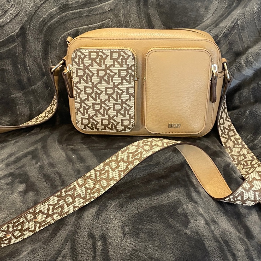 DKNY Beige and Brown Logo Shoulder Bag